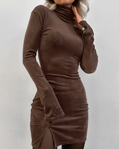 Slim Fit Velvet Sheath Turtleneck Dress   
