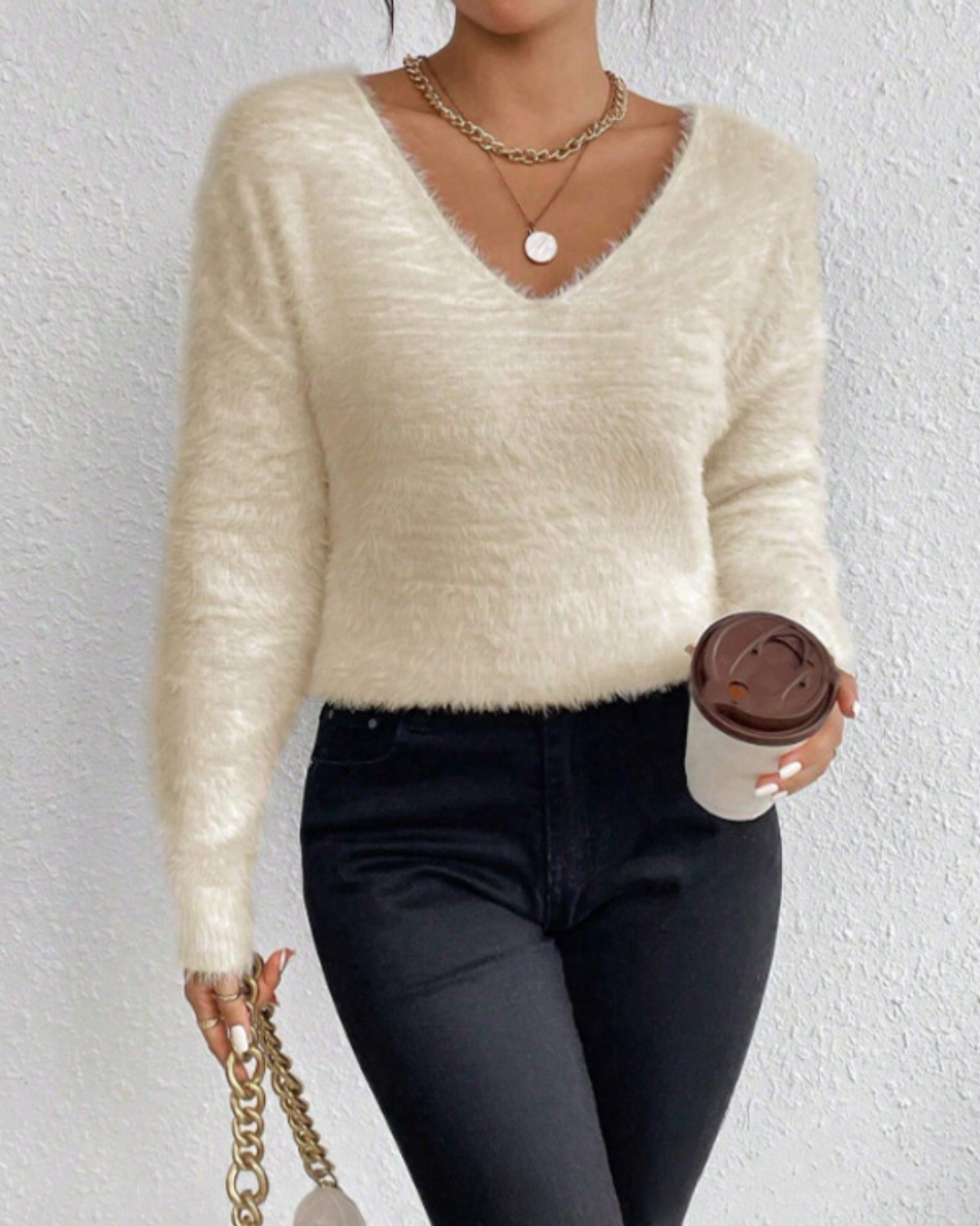 Long Sleeve Soft Knitted V-Neck Sweater   