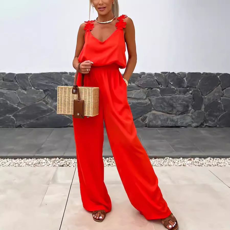 Suspender Sleeveless Pocket Casual Loose Jumpsuit S Red