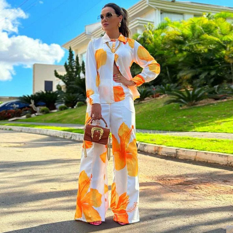 Printed shirt and wide leg casual set