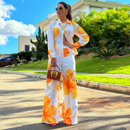 Printed shirt and wide leg casual set