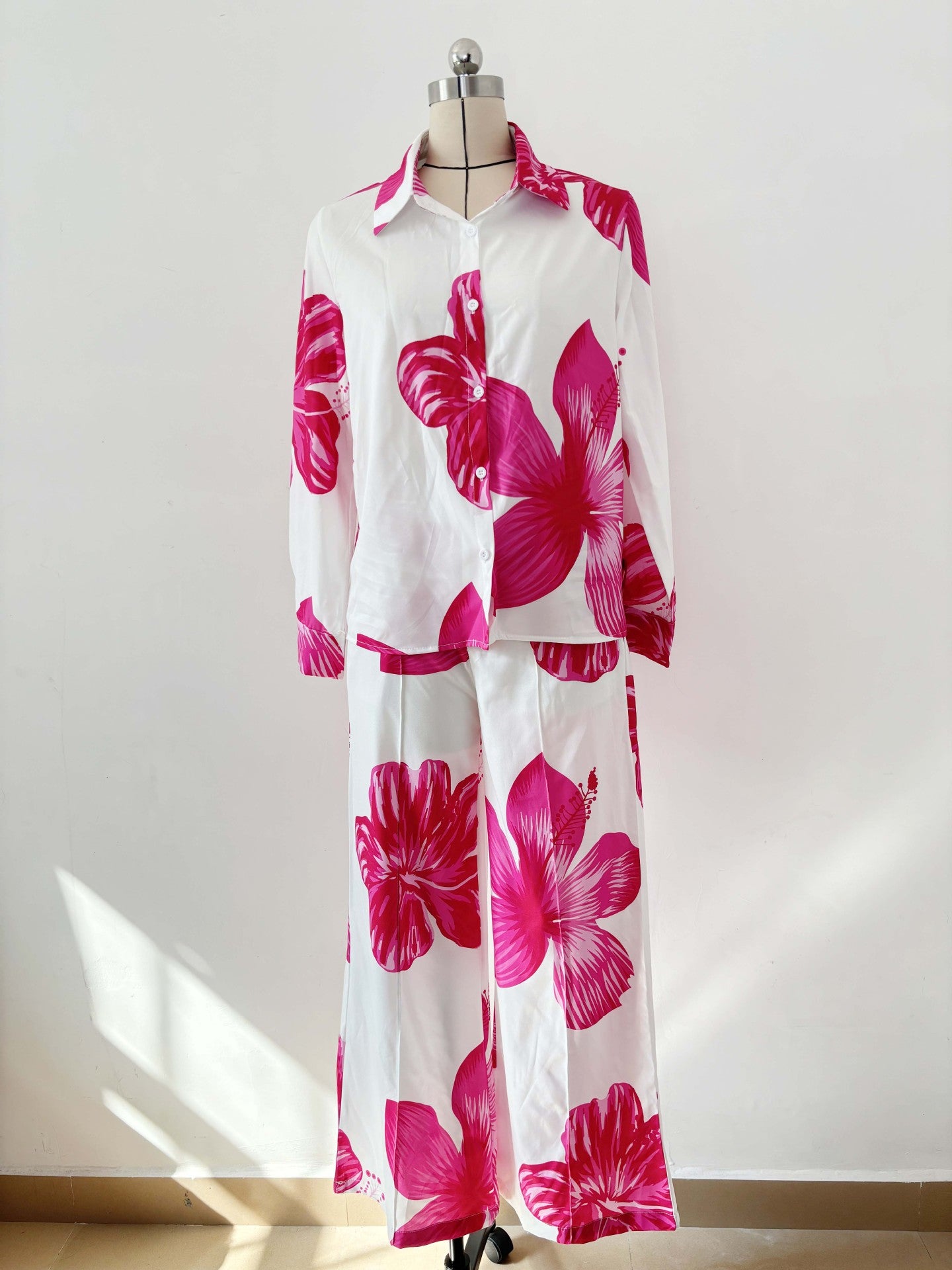 Printed shirt and wide leg casual set