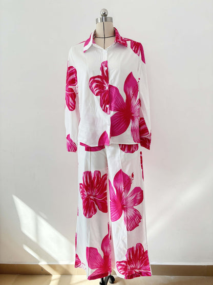 Printed shirt and wide leg casual set