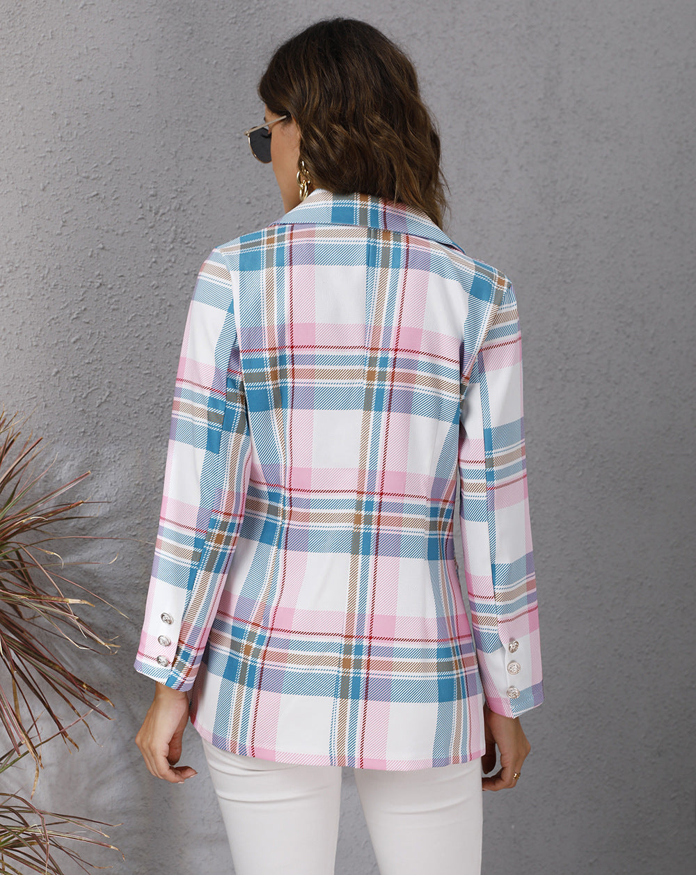 Color Plaid Printed Long Sleeve Blazer Coat