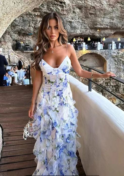 Long Flowing Sheer Organza Elegant Off-Shoulder Dress S Blue