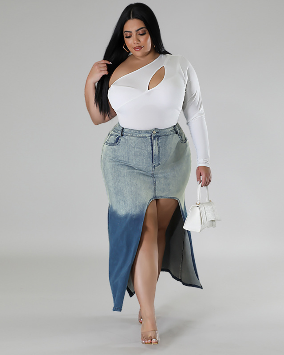 Plus Size Denim Woven Gradient Split Skirt Sea Blue 1XL 