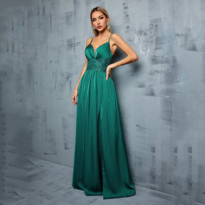 Elegant Green Satin Evening Dress