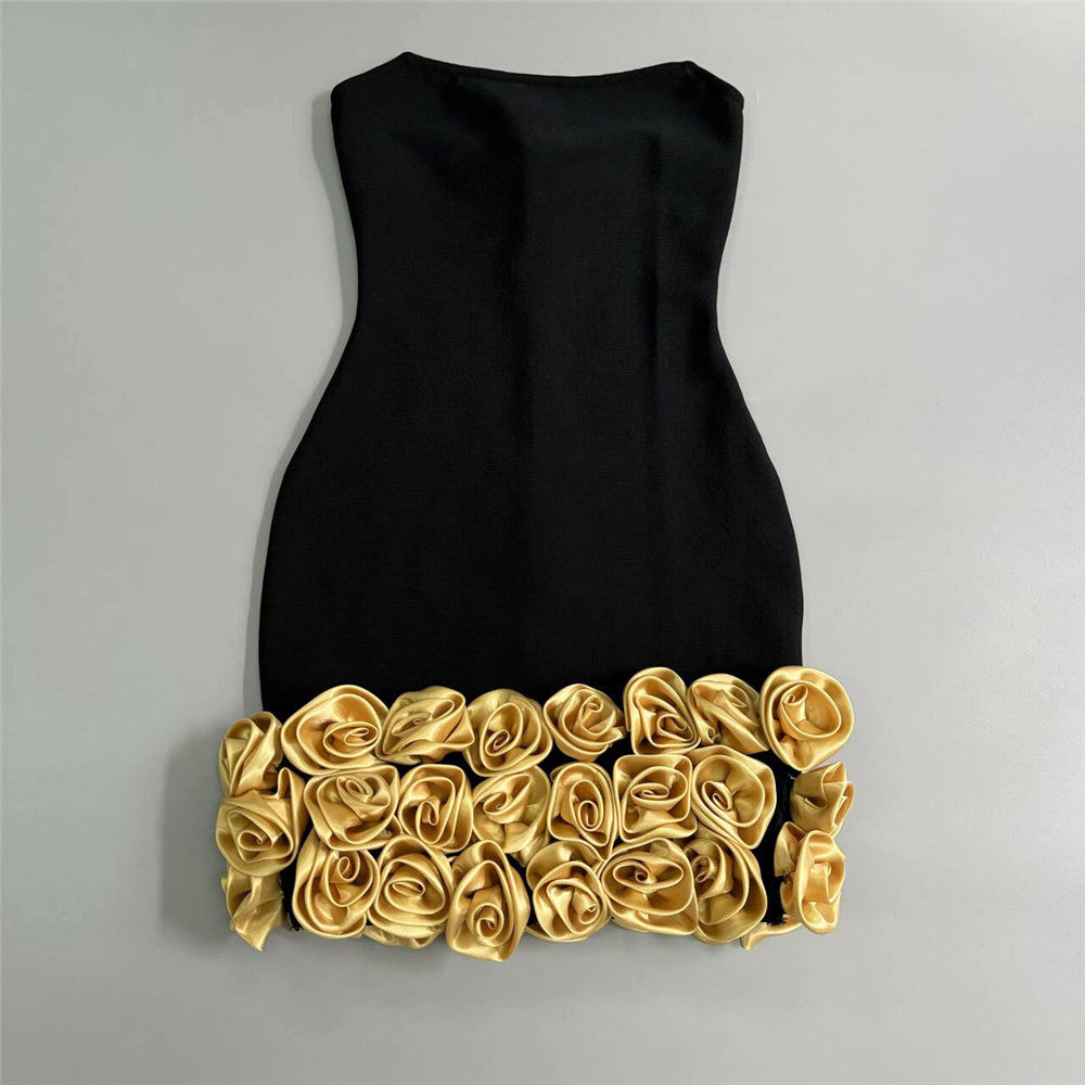 Three Dimensional Golden Floral Sexy Tube Top Bandage One Piece Dress S Black