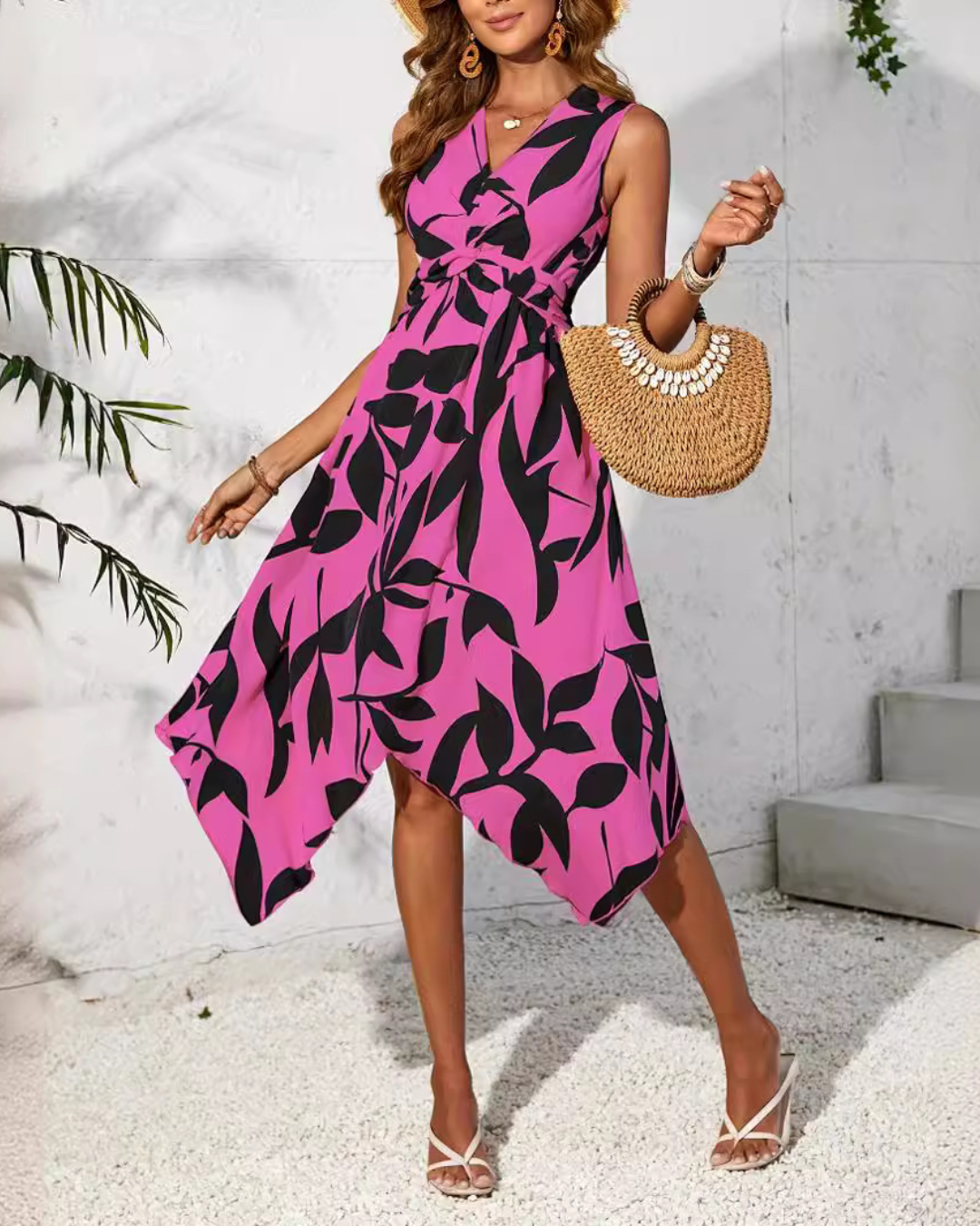 Leaf Print Midi Dress   