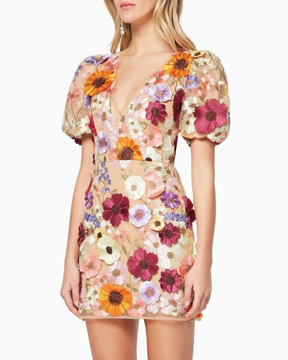 Floral Sheath Lantern Embroidered Dress S Apricot 