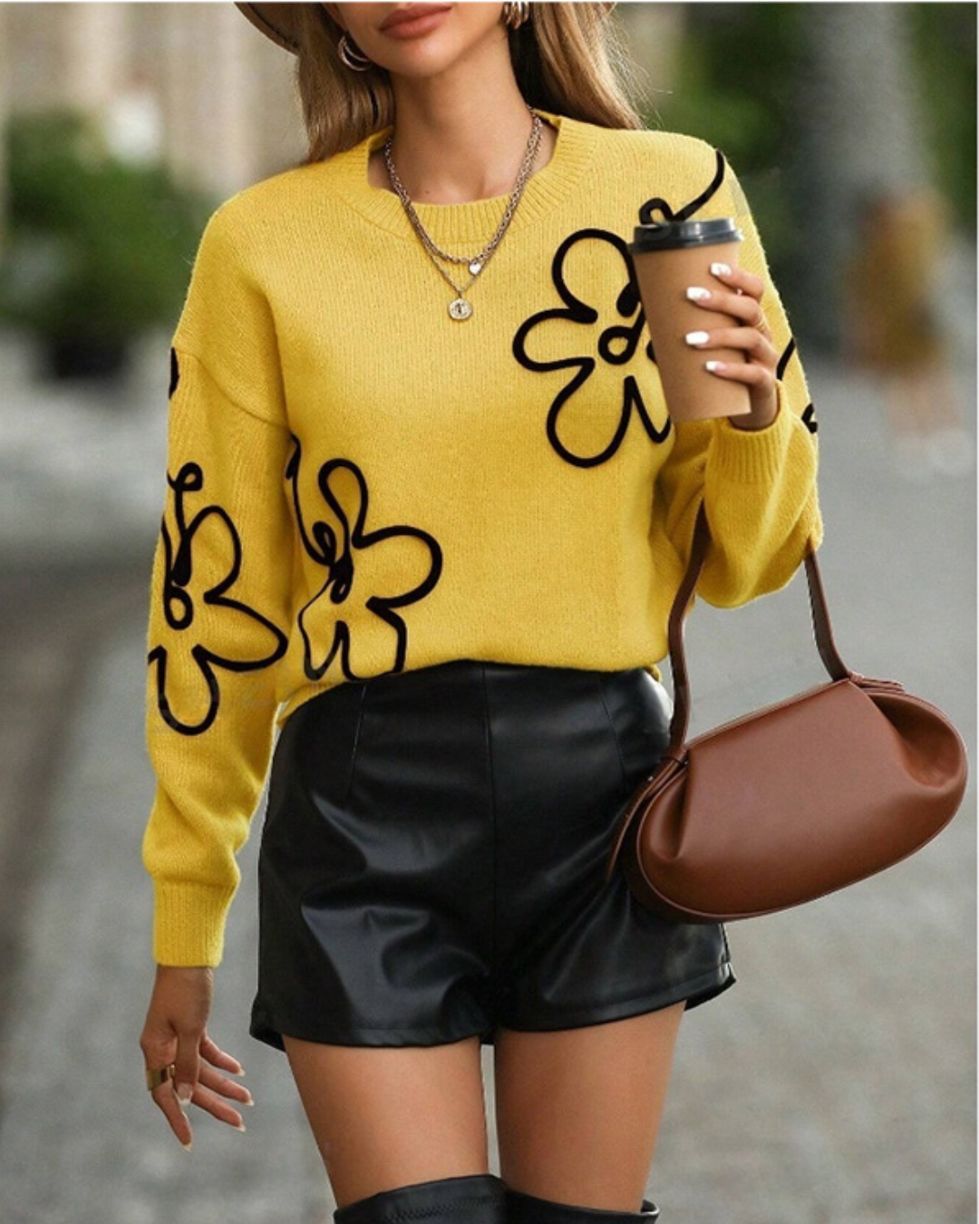 Floral Pullover Round Neck Sweater Yellow S 