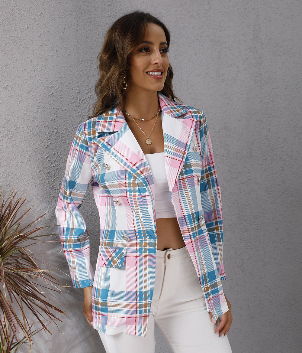Color Plaid Printed Long Sleeve Blazer Coat