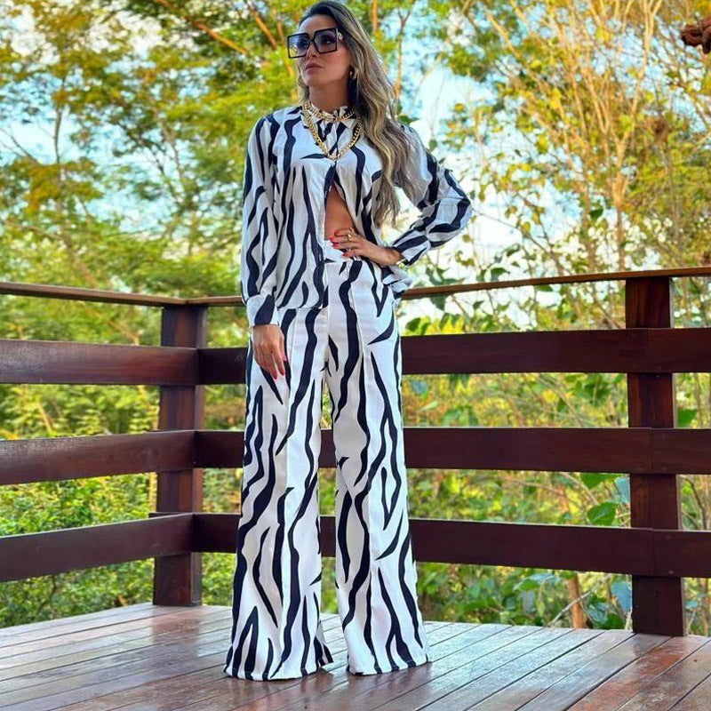 Printed shirt and wide leg casual set