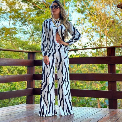 Printed shirt and wide leg casual set