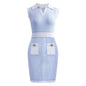 Sleeveless Knit Striped Collared pocket short Dress S Light Blue