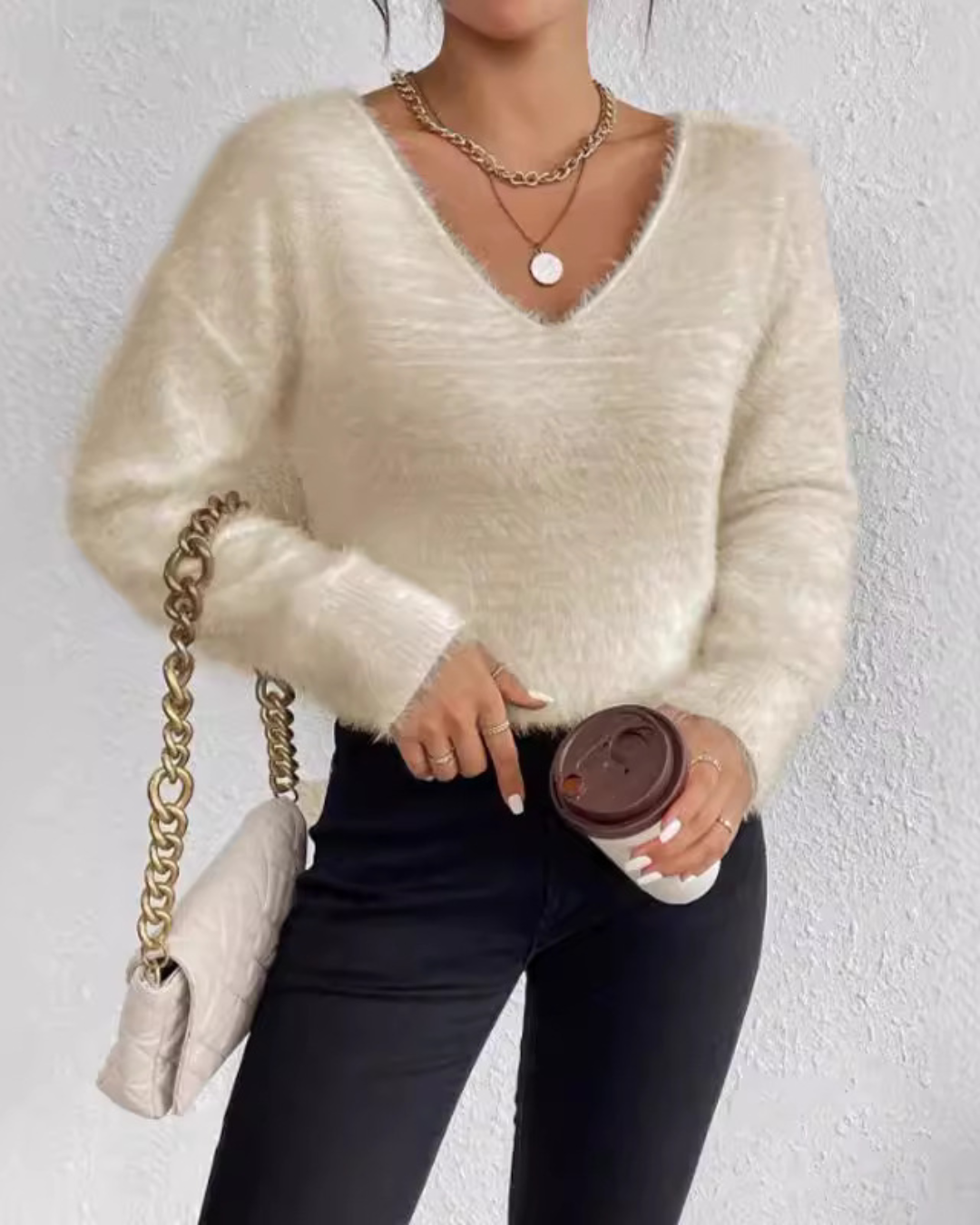 Long Sleeve Soft Knitted V-Neck Sweater Apricot S 