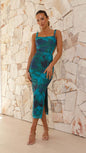 aqua printed backless split dress S Green