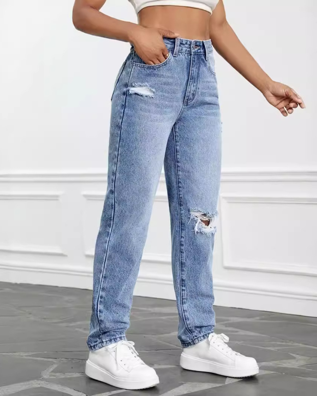 High Waist Straight Leg Jeans Pants   