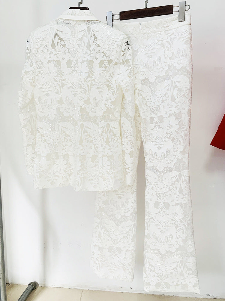 Mesh Heavy Embroidery Sequined Blazer Trousers Suit Two Piece Set