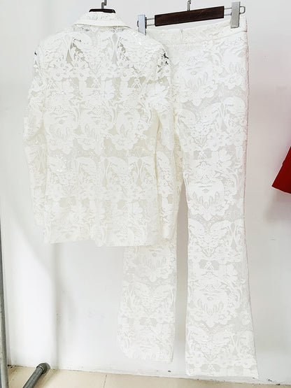 Mesh Heavy Embroidery Sequined Blazer Trousers Suit Two Piece Set