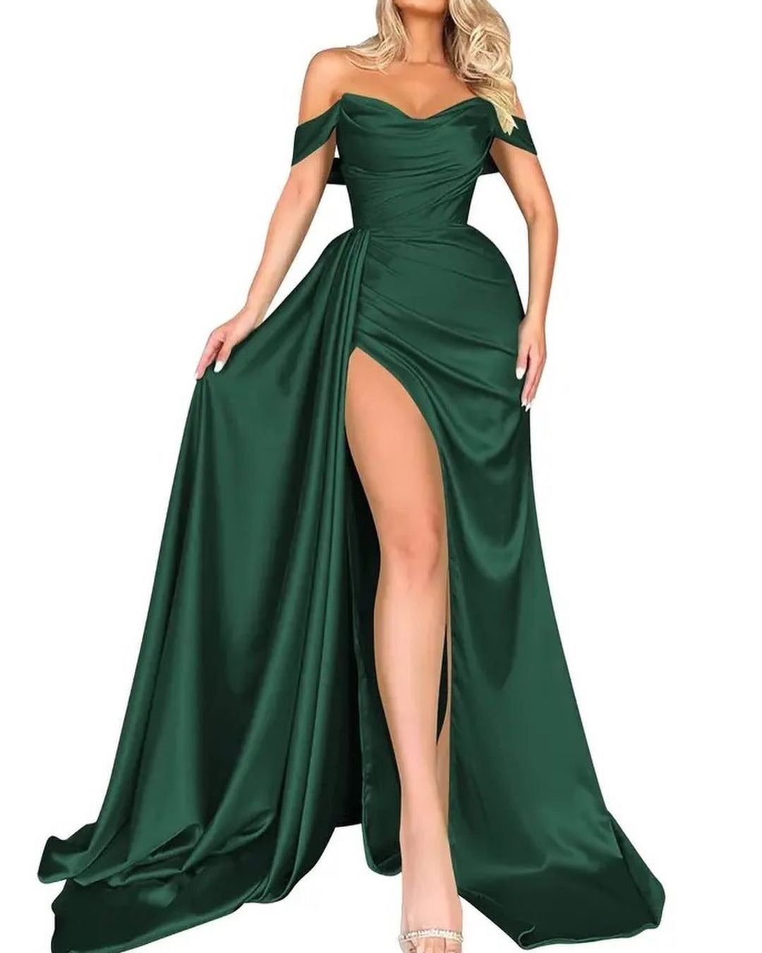Cocktail High Slit Sexy Host Off Shoulder Slimming Party Evening Dress S Blackish Green