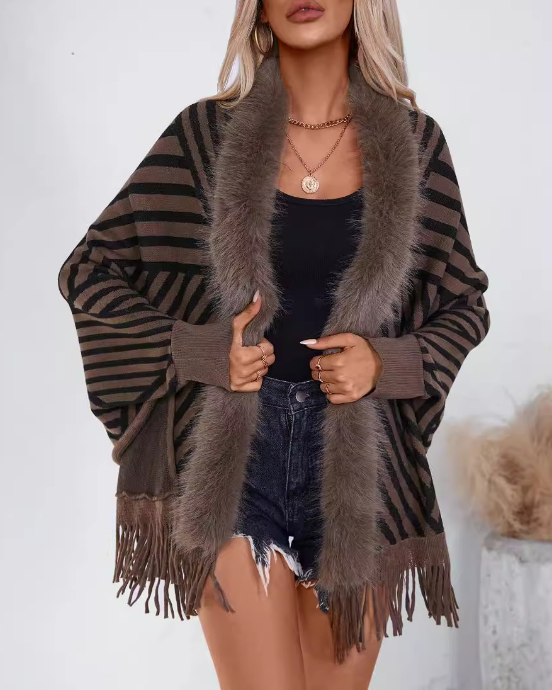 Striped Tassel Knitted Shawl Cape   