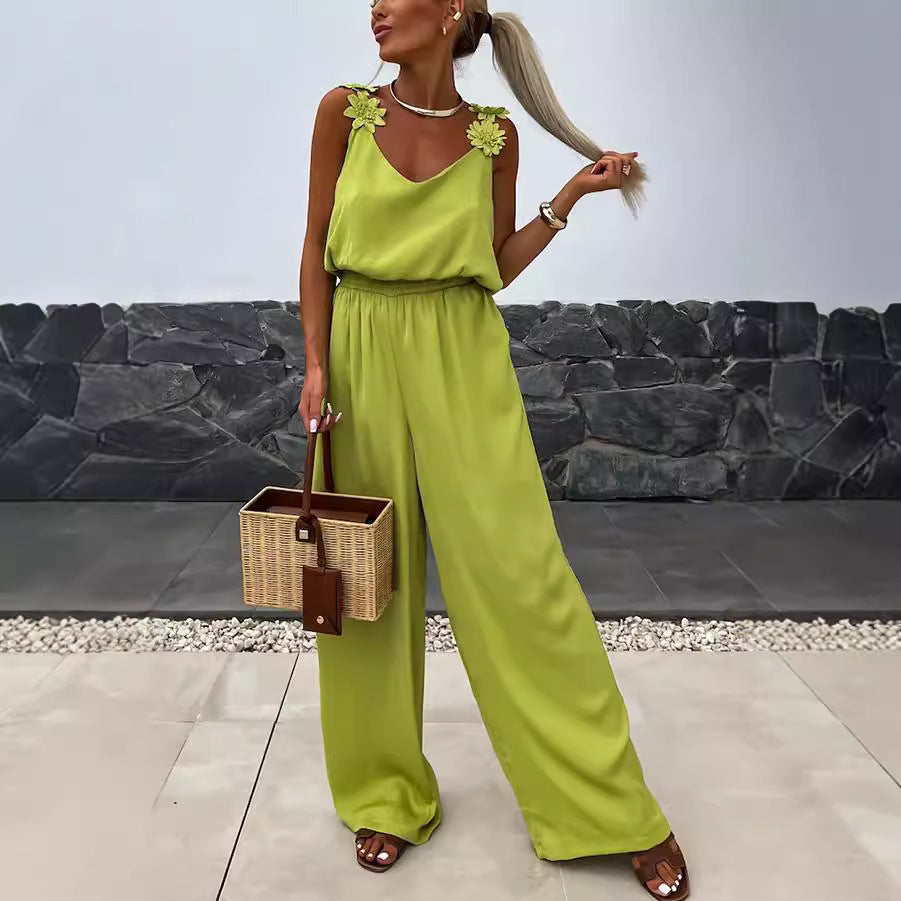 Suspender Sleeveless Pocket Casual Loose Jumpsuit S Yellow Green
