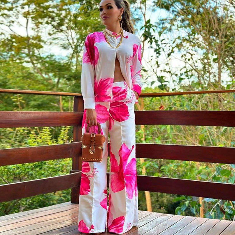 Printed shirt and wide leg casual set S Coral Red
