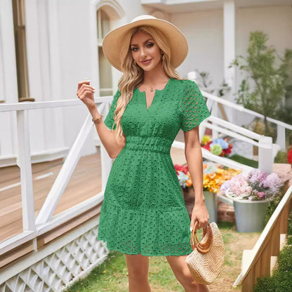 V Neck A Line Hollow Out Cutout Lace Pleated Short Sleeve Mini Dress