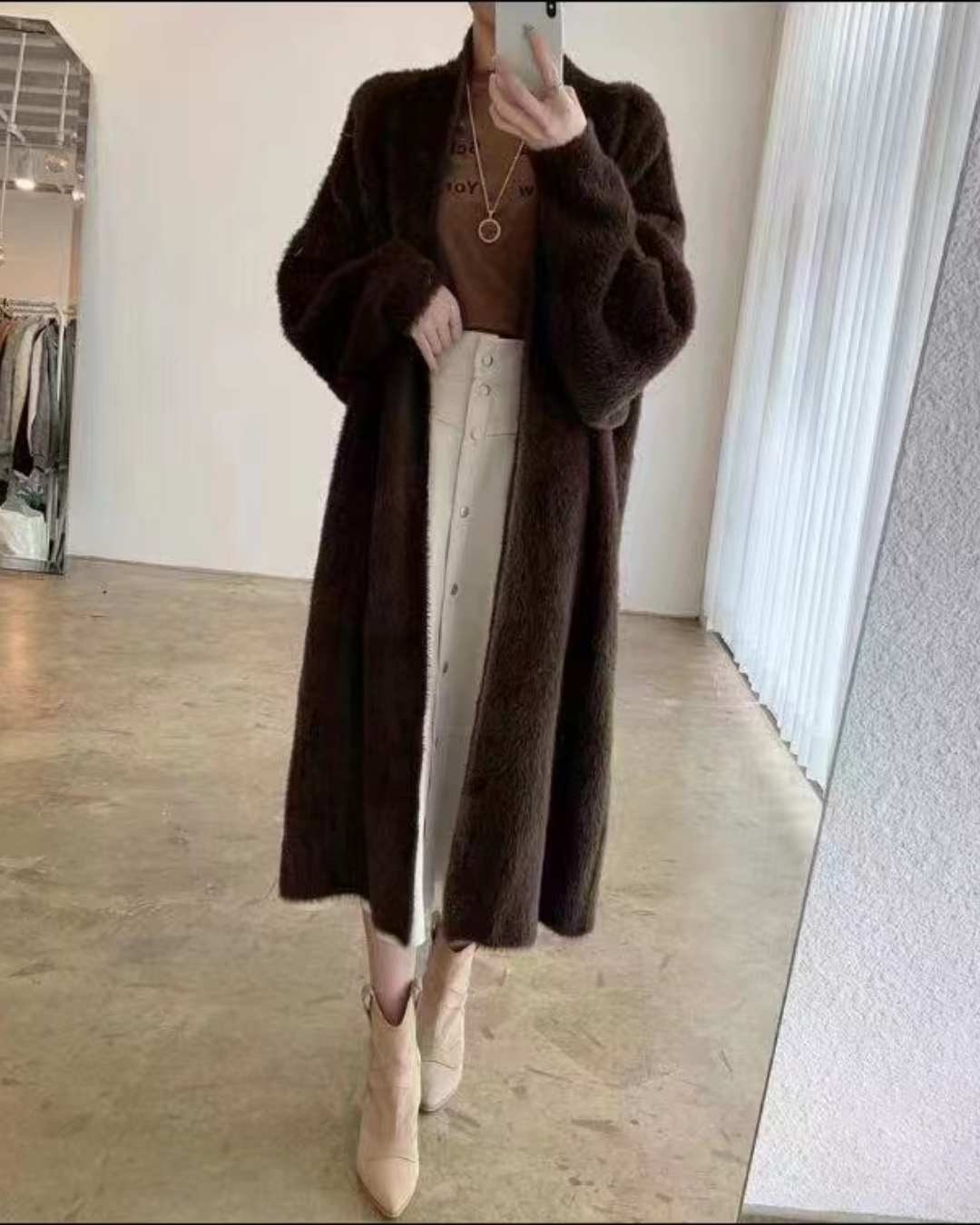 Loose Knitted Cardigan Coat Coffee One Size 