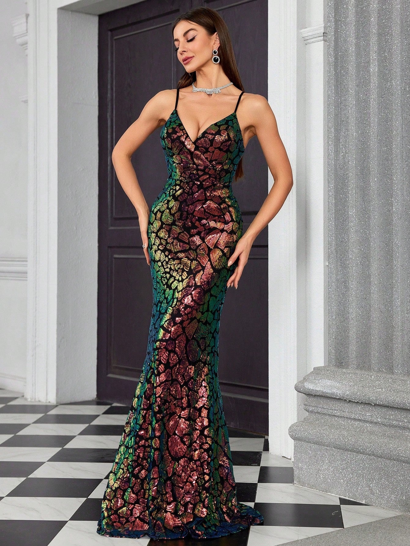 V neck Brace Evening Dress Fishtail Elegant Dress