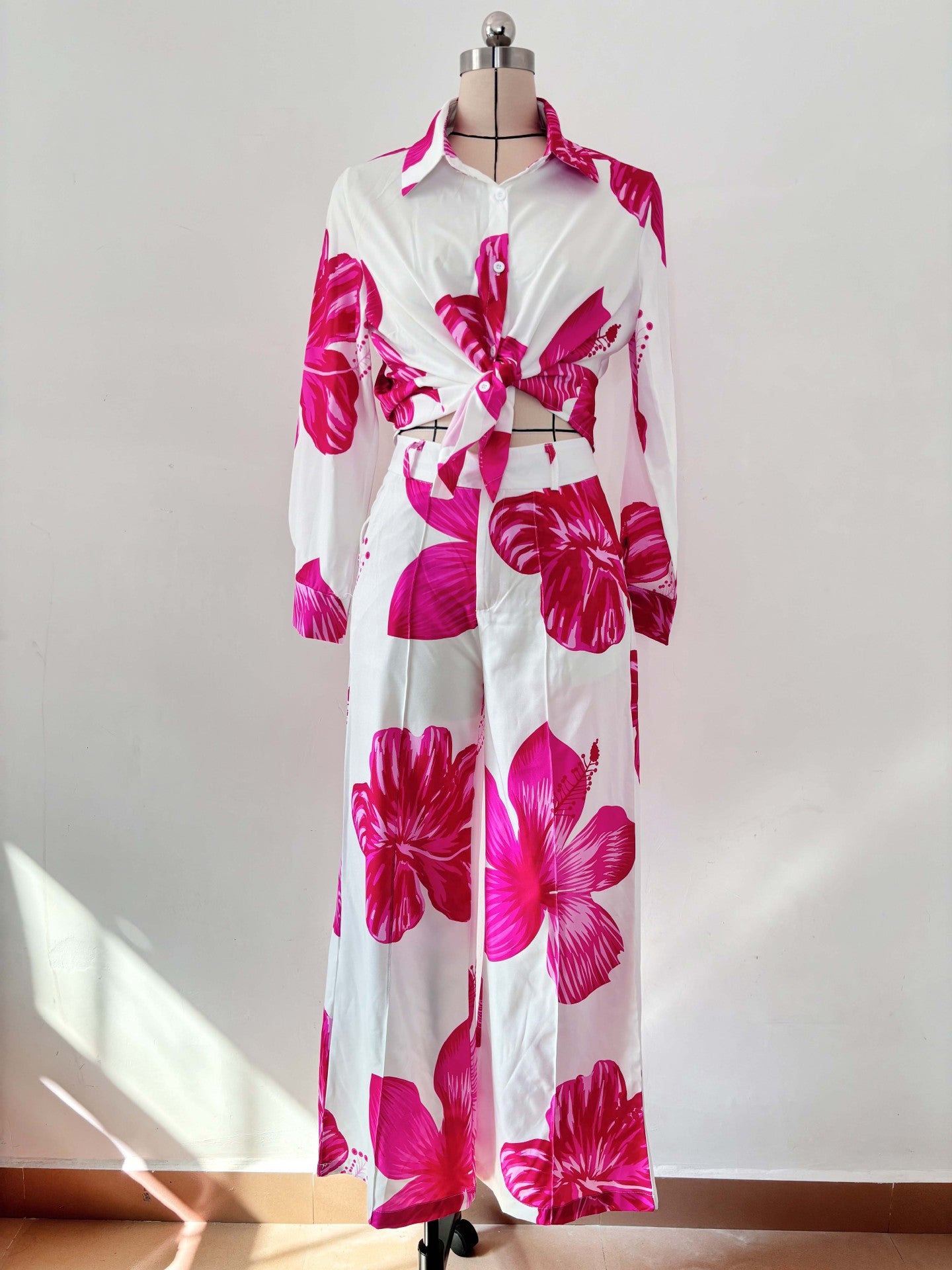 Printed shirt and wide leg casual set
