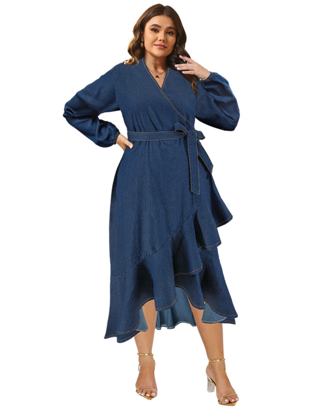 Plus Size Denim Tied Long Sleeves Maxi Dress   