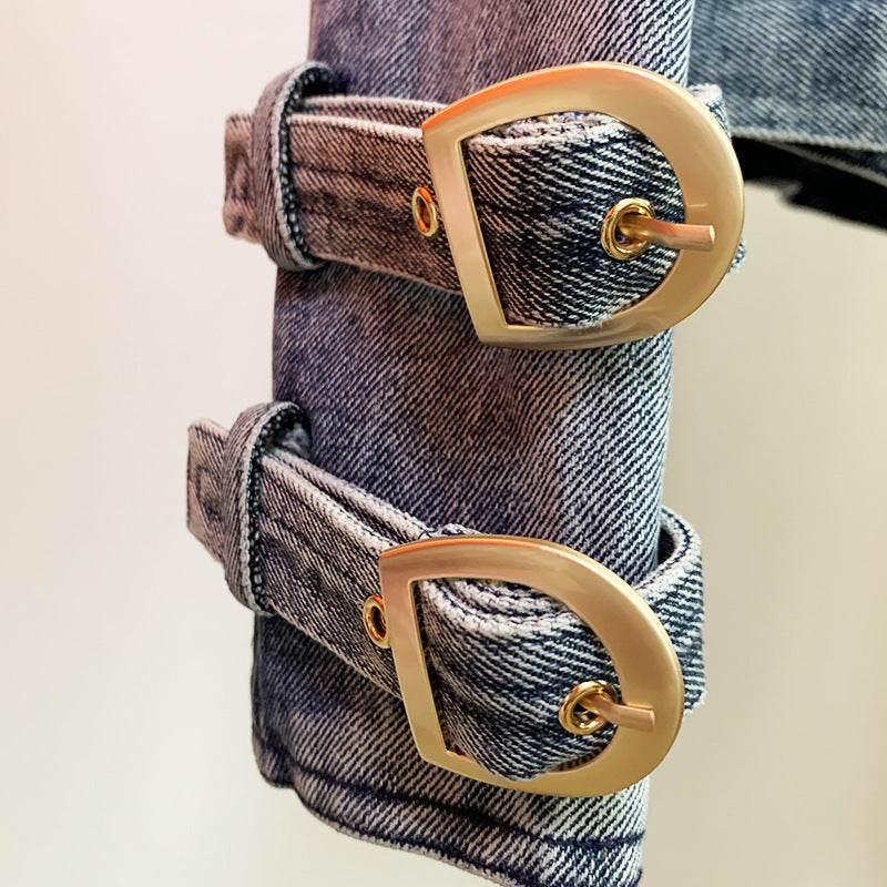 Denim Oblique Zipper Moto Jacket