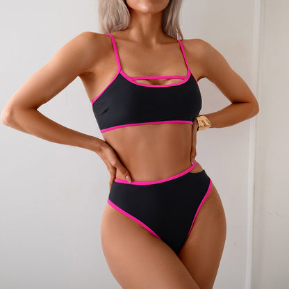 Bikini Swimsuit Women Sexy Backless Color Block Split Swimsuit Bikini S Black rose red