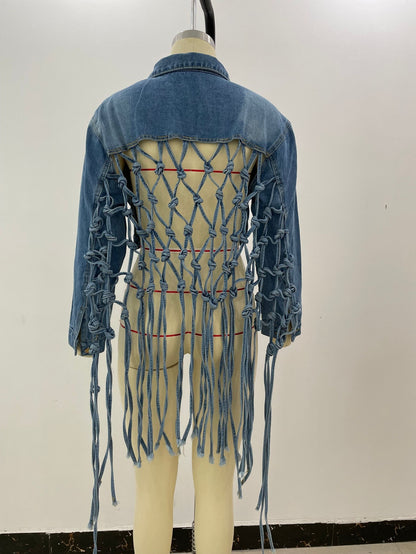 Back Grid Tassel Denim Jacket