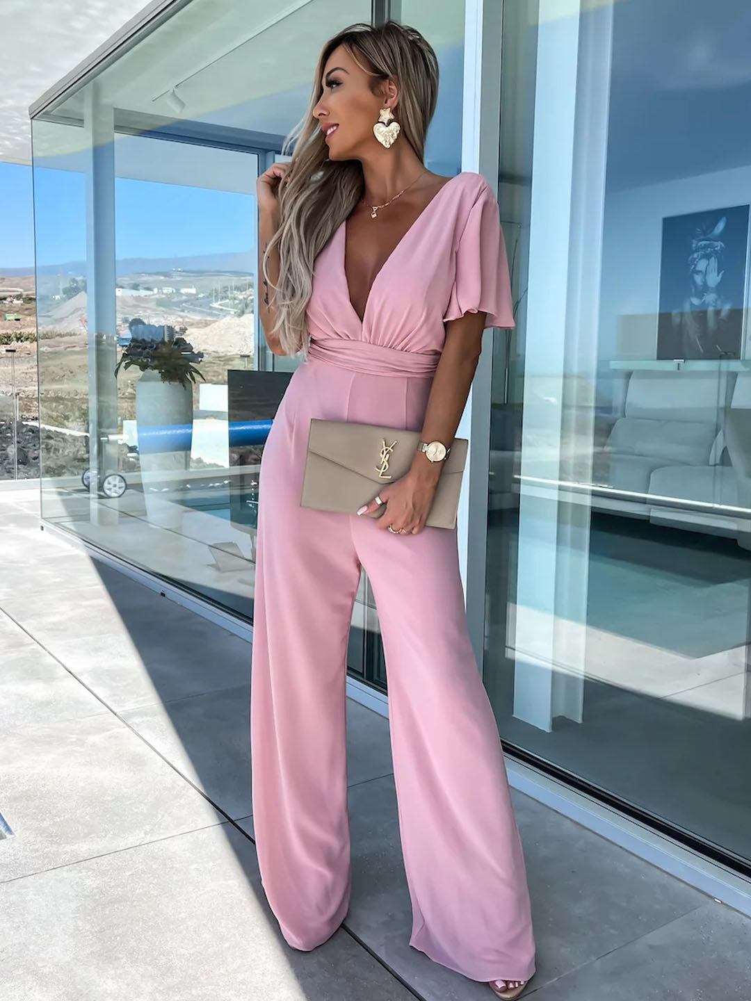 V neck Casual Short Sleeve Dress Loose Vacation Wide Leg Trouser