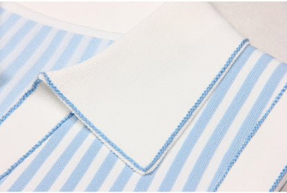 Sleeveless Knit Striped Collared pocket short Dress
