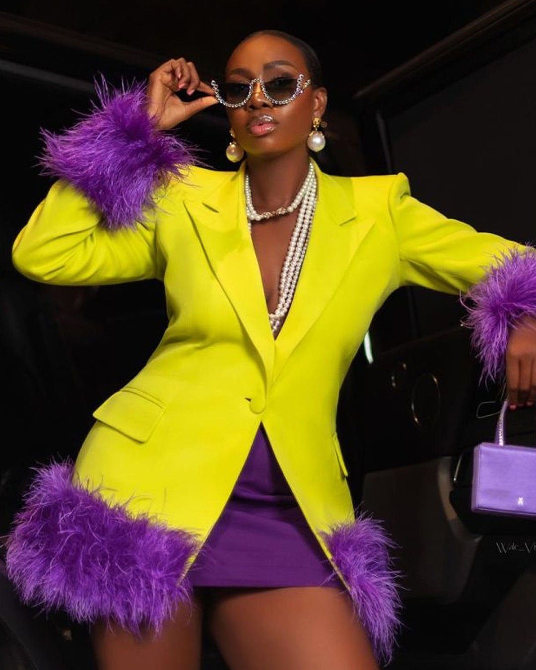 Single Breasted Detachable Feather Blazer S Yellow 