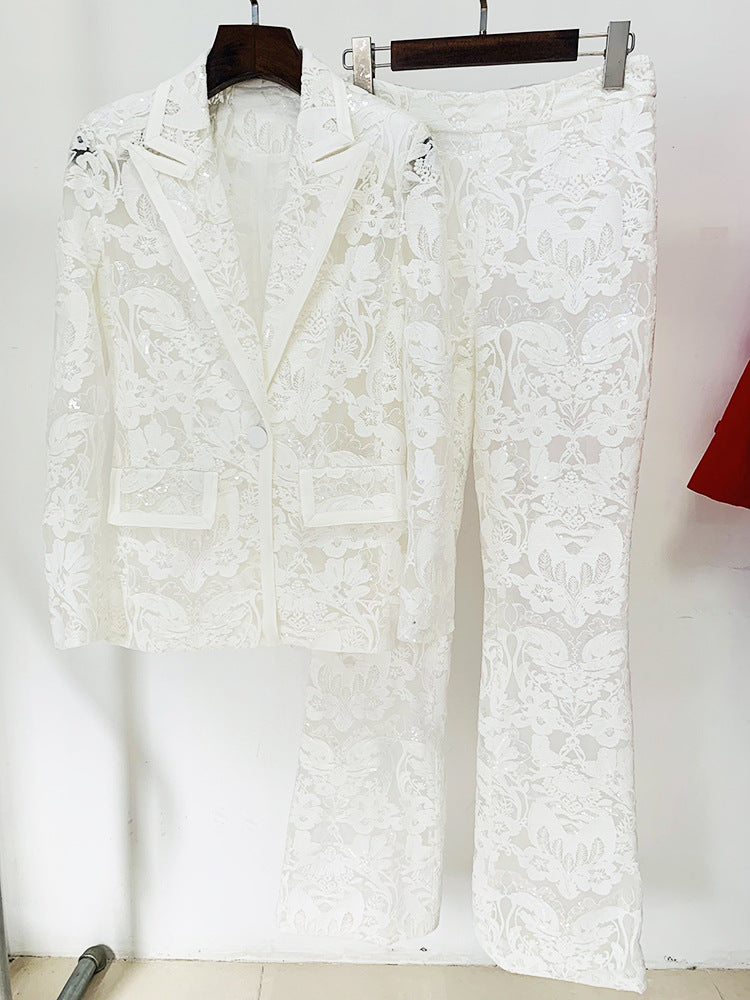 Mesh Heavy Embroidery Sequined Blazer Trousers Suit Two Piece Set