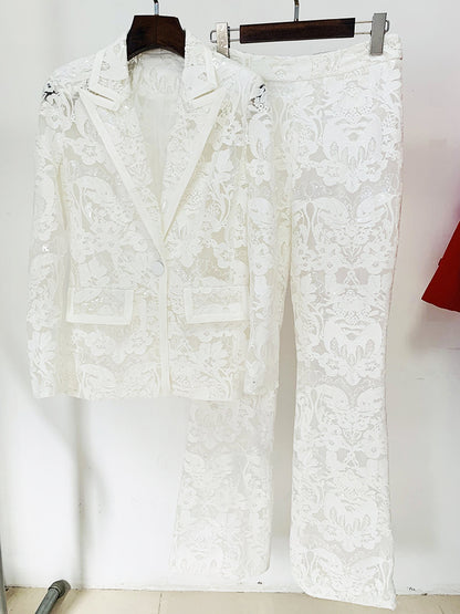 Mesh Heavy Embroidery Sequined Blazer Trousers Suit Two Piece Set