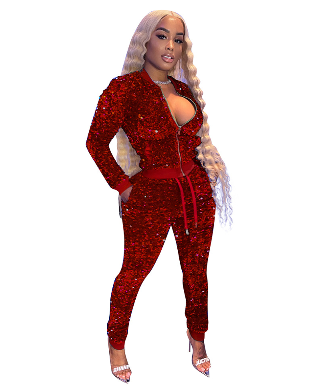 Velvet Embedded Sequin Suit S Red 