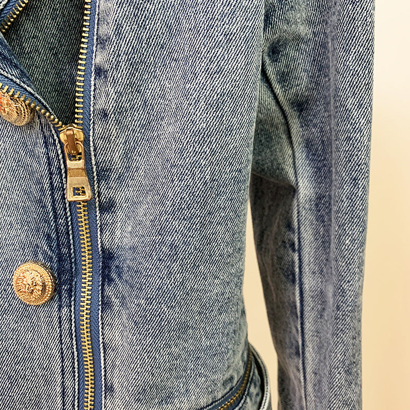 Denim Oblique Zipper Moto Jacket