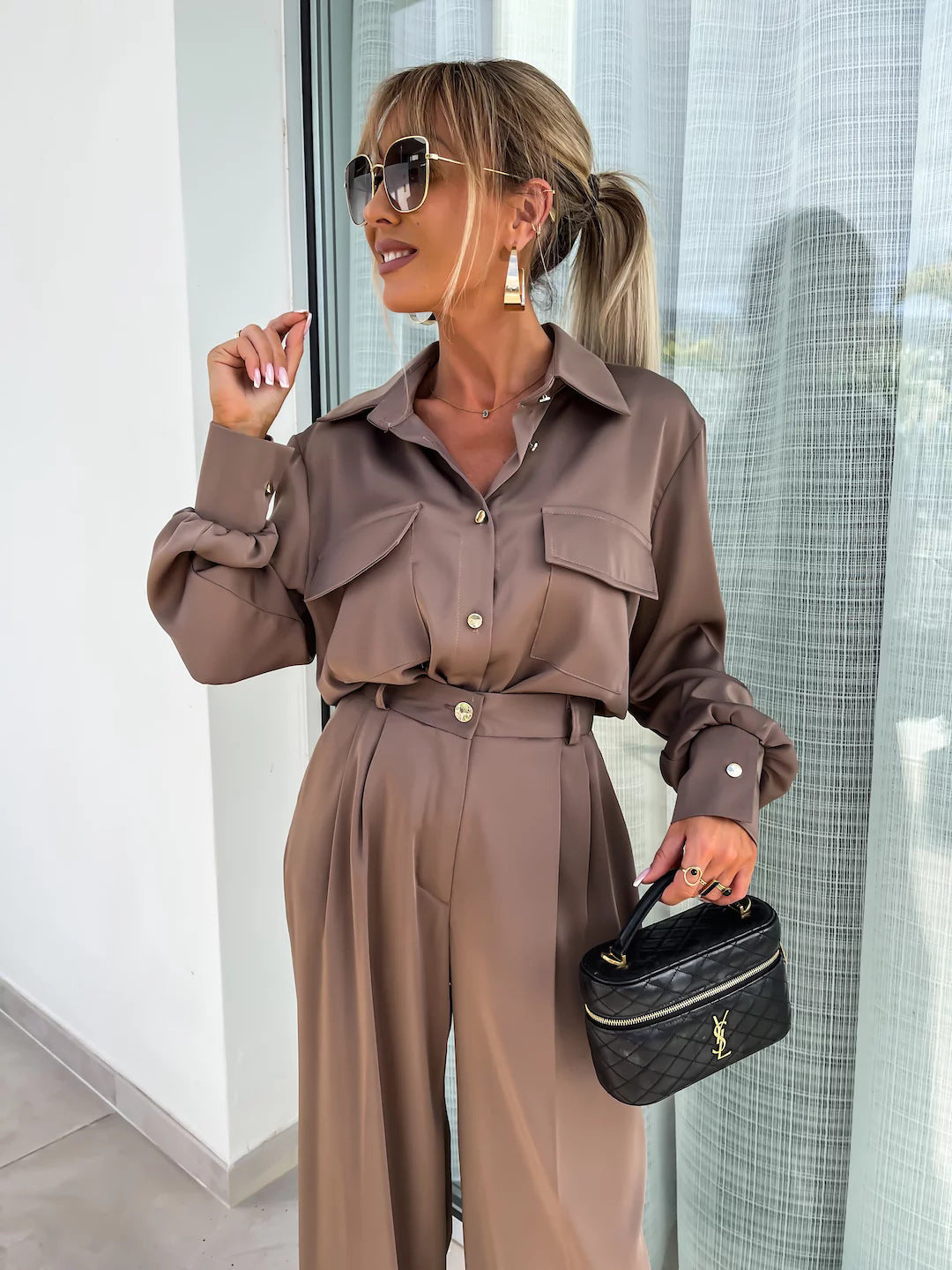 Long Sleeved Faux Pocket Shirt Elegant Trousers