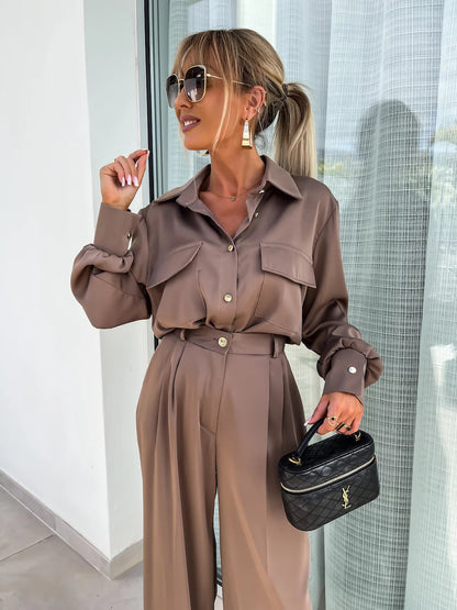 Long Sleeved Faux Pocket Shirt Elegant Trousers