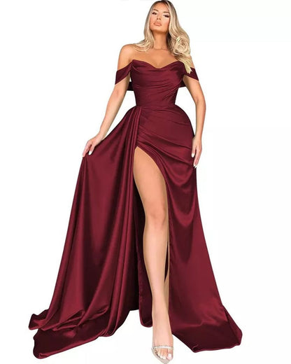 Cocktail High Slit Sexy Host Off Shoulder Slimming Party Evening Dress S Burgundy