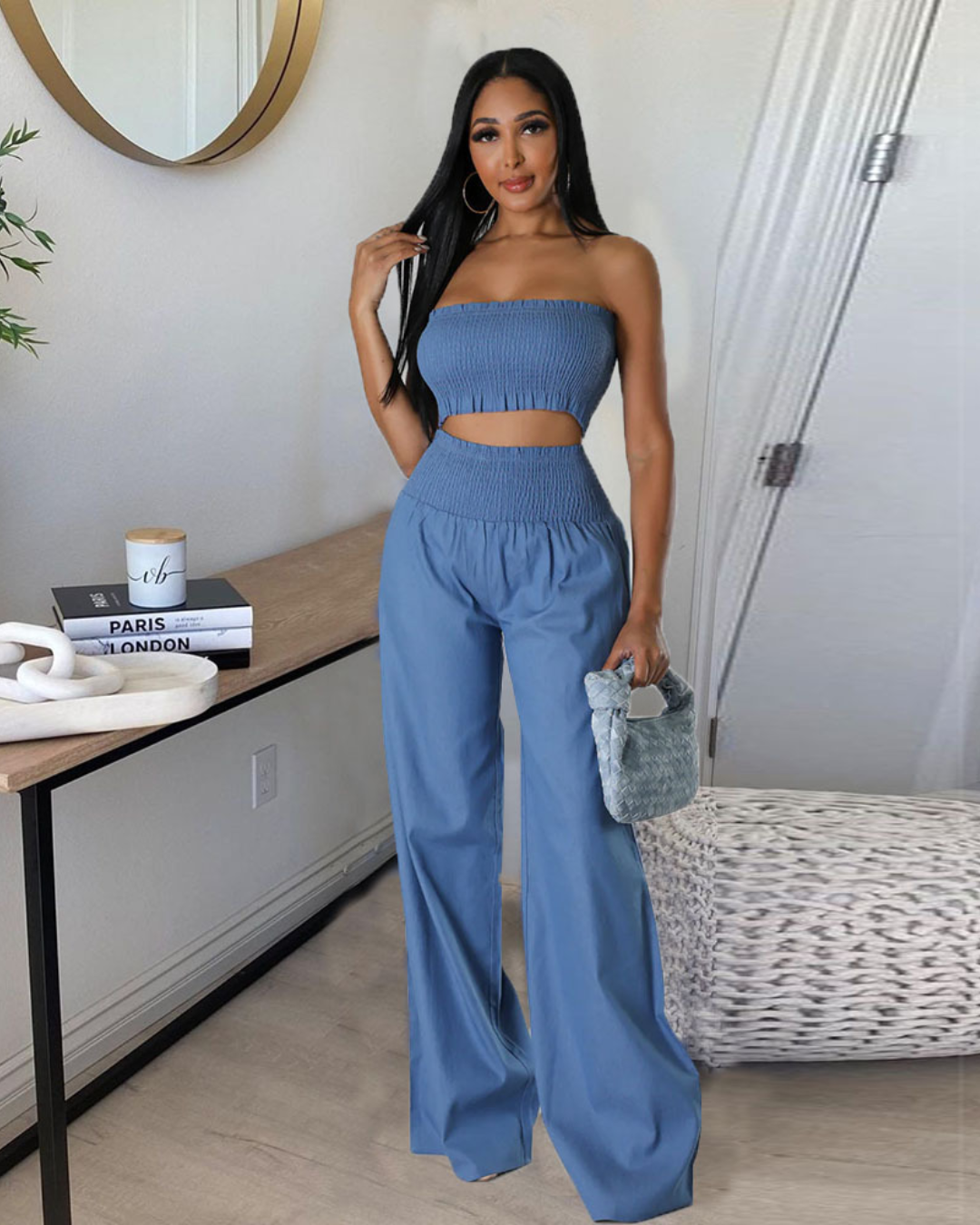 Hollow Cropped Slim Pants Suit S Blue 
