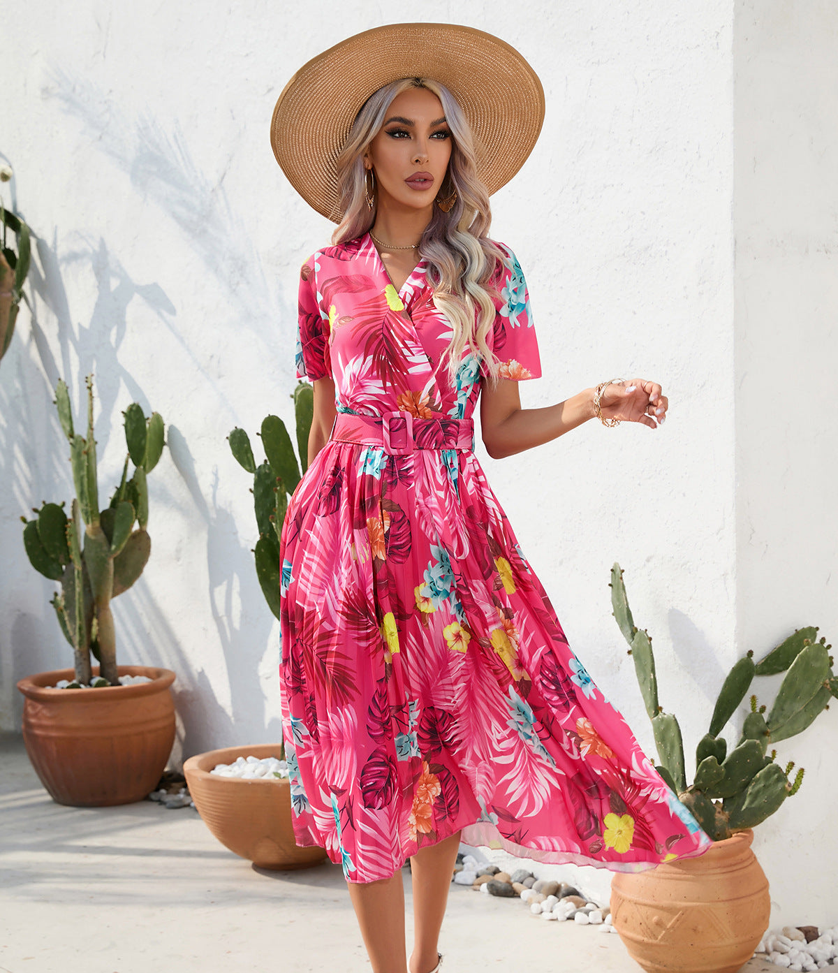 Summer Floral Print Crumpled Short Sleeve Dress