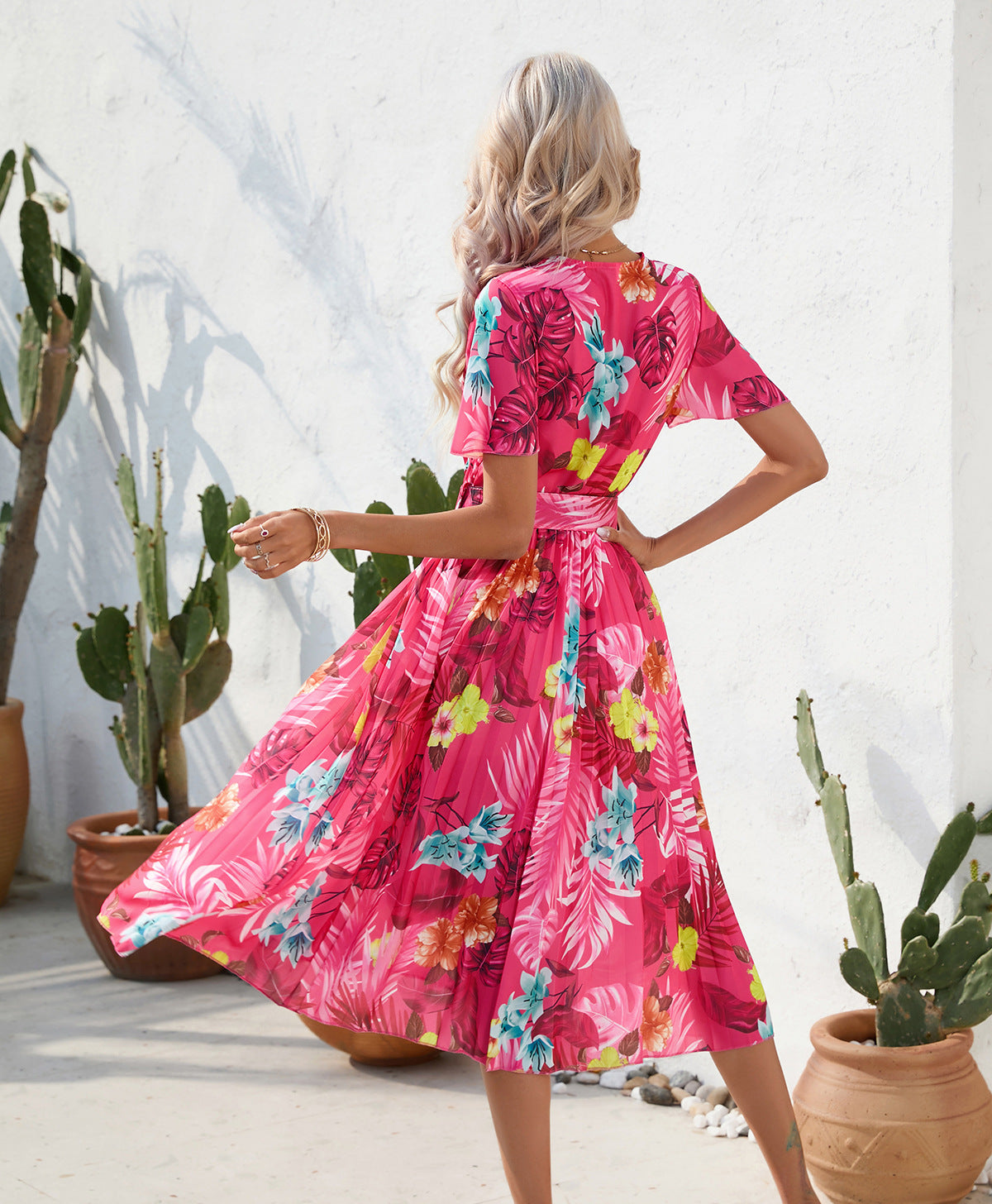 Summer Floral Print Crumpled Short Sleeve Dress