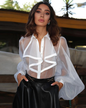 See Through Puff Sleeve Jumpsuit White M 